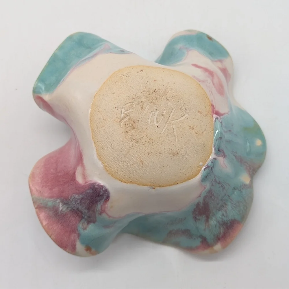 Handthrown Pink Blue Orange Ceramic Abstract Ruffle Edge Dish